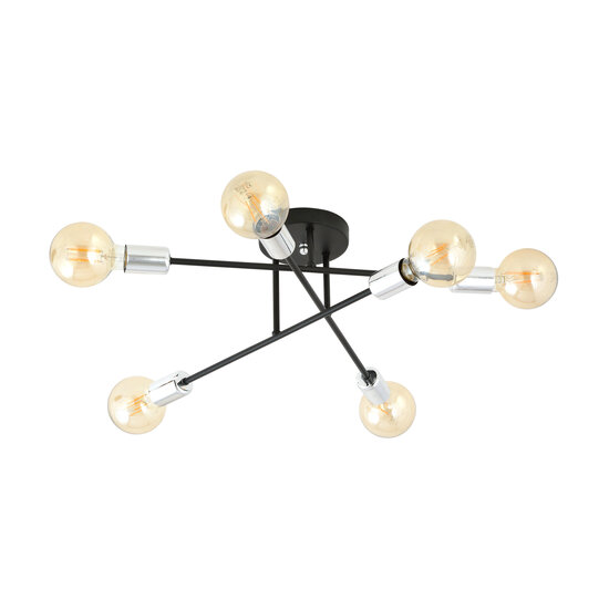 Ceiling lamp black with 6 arms silver E27 base