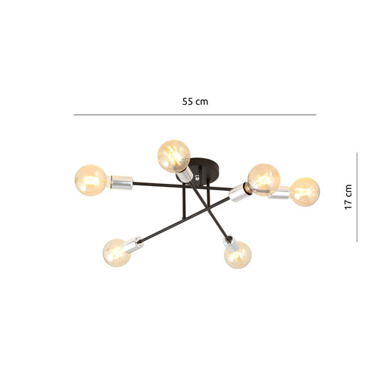 Ceiling lamp black with 6 arms silver E27 base