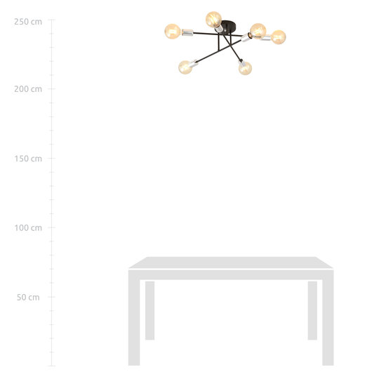 Ceiling lamp black with 6 arms silver E27 base