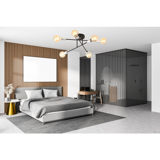 Plafondlamp zwart met 6 armen zilveren E27 voet