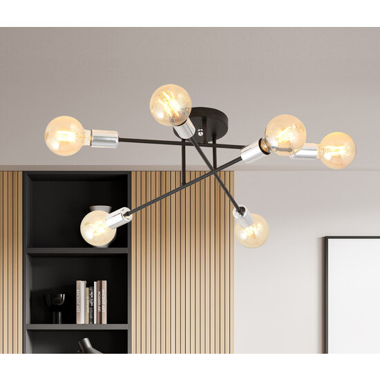 Plafondlamp zwart met 6 armen zilveren E27 voet