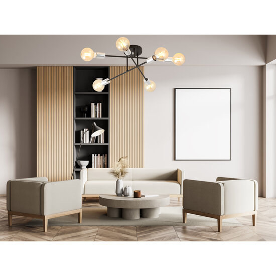 Emibig Emibig Plafondlamp zwart met 6 armen zilveren E27 voet - Perfecte verlichting voor elke ruimte