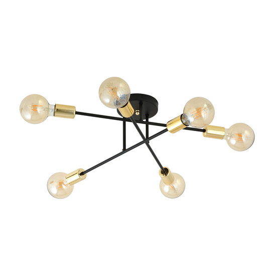 Black ceiling lamp with 6 arms and gold E27 connection