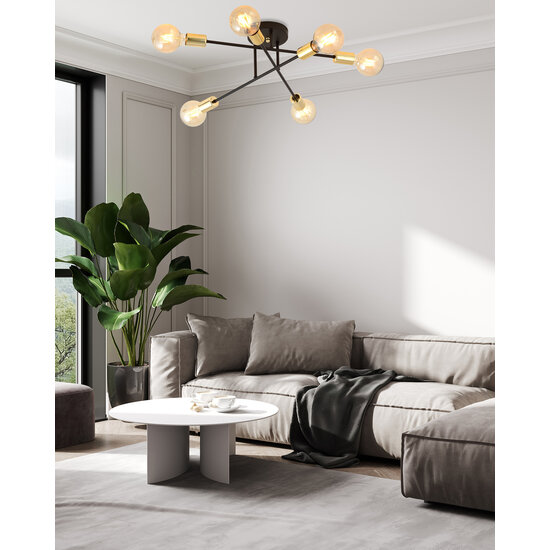 Black ceiling lamp with 6 arms and gold E27 connection