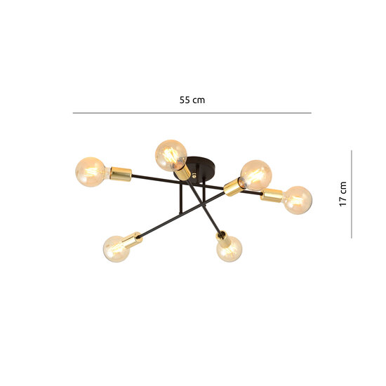 Black ceiling lamp with 6 arms and gold E27 connection