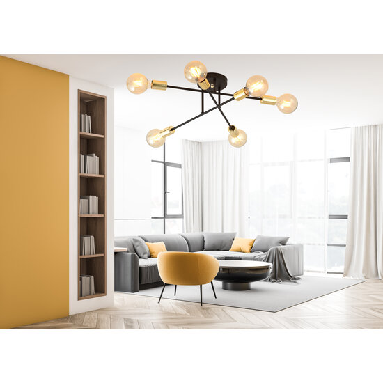 Schwarze Deckenleuchte mit 6 Armen und goldenem E27-Anschluss