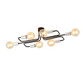 Narrow black ceiling lamp with 6 arms, silver connector E27 at the end