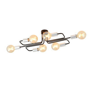 Narrow black ceiling lamp with 6 arms, silver connector E27 at the end