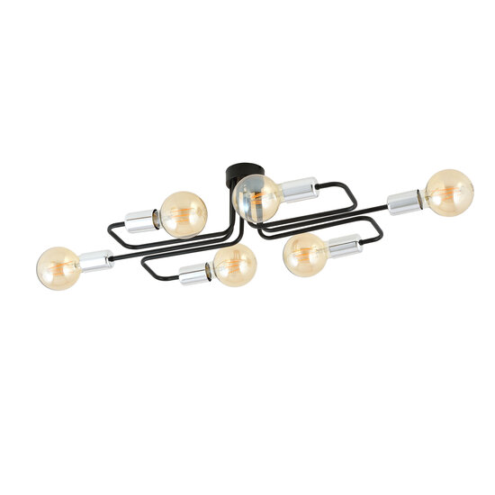 Narrow black ceiling lamp with 6 arms, silver connector E27 at the end