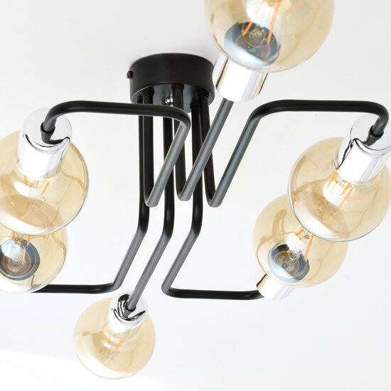 Narrow black ceiling lamp with 6 arms, silver connector E27 at the end