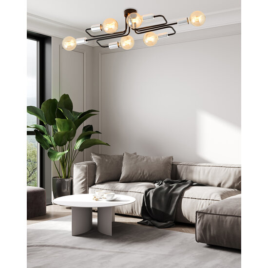 Narrow black ceiling lamp with 6 arms, silver connector E27 at the end