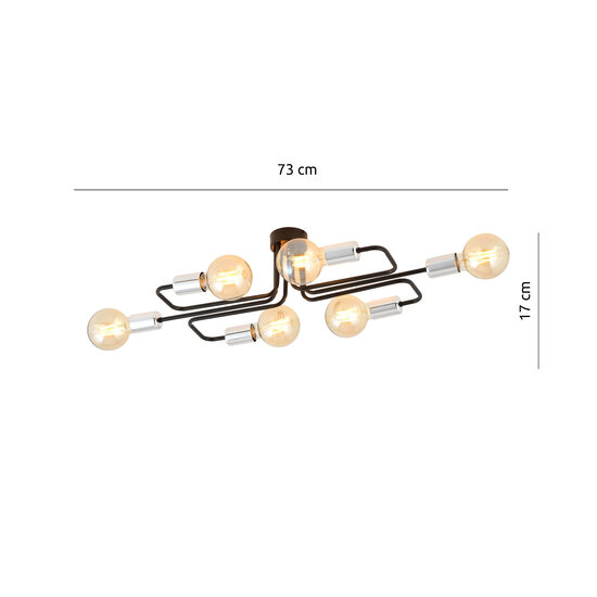 Emibig Emibig Narrow black ceiling lamp with 6 arms, silver connector E27 at the end - Ideal for rustic interiors