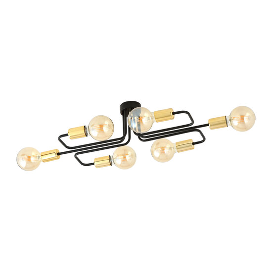 Narrow black ceiling lamp with 6 gold E27 connections
