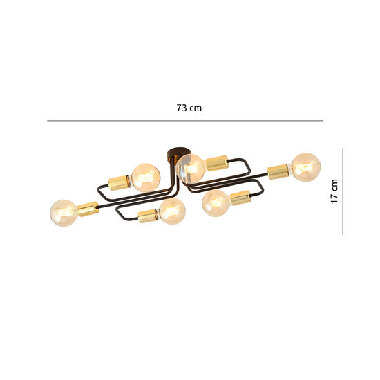 Emibig Emibig Smalle zwarte plafondlamp met 6 gouden E27 aansluitingen - Perfect voor een stijlvolle verlichting