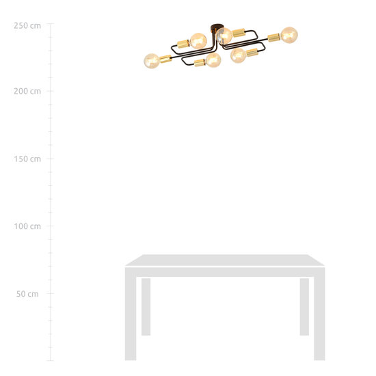 Narrow black ceiling lamp with 6 gold E27 connections