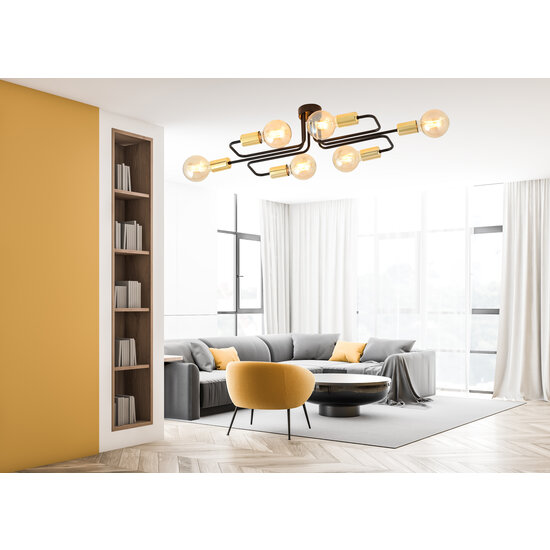 Narrow black ceiling lamp with 6 gold E27 connections