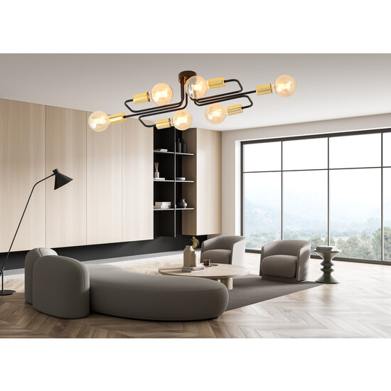 Narrow black ceiling lamp with 6 gold E27 connections