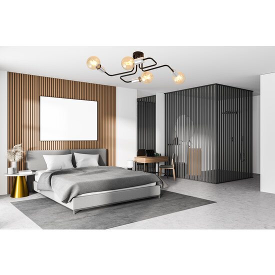 Plafonnier 4 lampes noir avec connecteurs E27 argentés