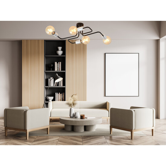 4 lamps plafondarmatuur zwart met zilveren E27 connectoren