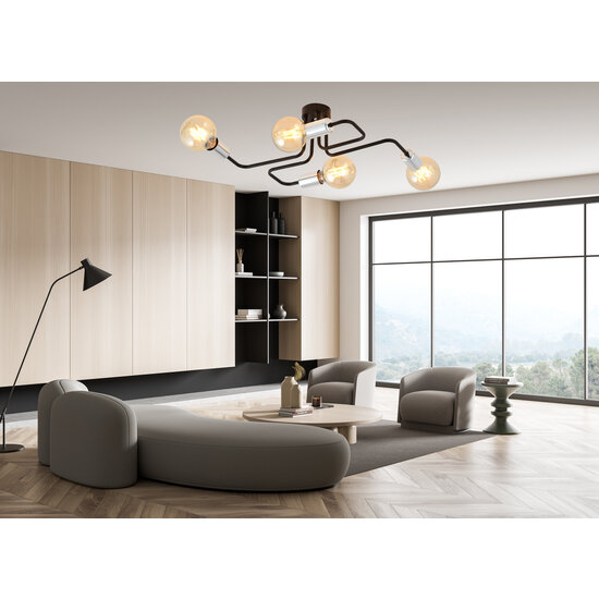 Plafonnier 4 lampes noir avec connecteurs E27 argentés