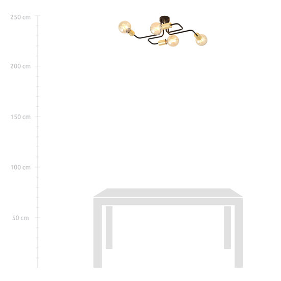 Plafón negro de 4 luces con conexiones E27 doradas