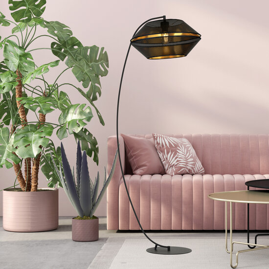 Schöne schwarze Bogenlampe mit Löchern, Stehlampe E27, Schwarz und Gold