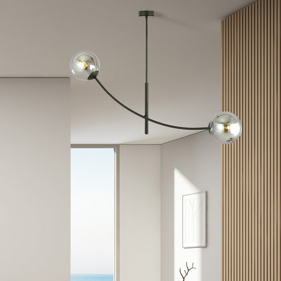 Hanging lamp black with 2 curved arms and smoked bulbs E14