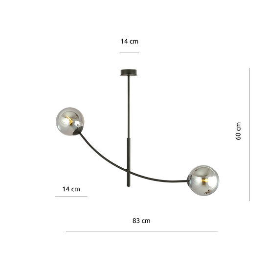 Hanging lamp black with 2 curved arms and smoked bulbs E14