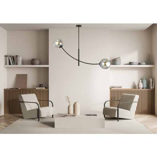 Hanglamp zwart met 2 gebogen armen en gerookte bollen E14