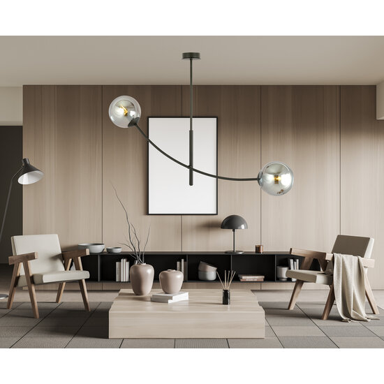 Hanging lamp black with 2 curved arms and smoked bulbs E14