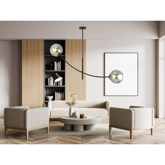 Lampe suspendue noire avec 2 bras courbés et ampoules fumées E14