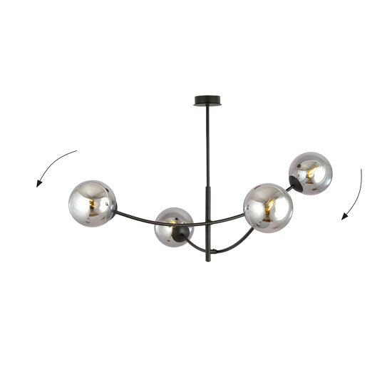 Black hanging lamp with 4 curved arms and smoked bulbs E14