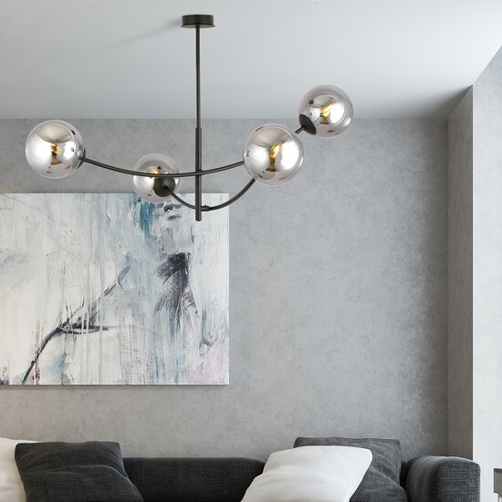 Black hanging lamp with 4 curved arms and smoked bulbs E14