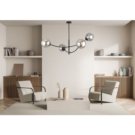 Black hanging lamp with 4 curved arms and smoked bulbs E14