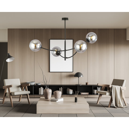 Black hanging lamp with 4 curved arms and smoked bulbs E14
