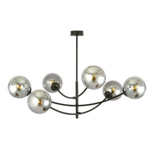 Pendent lamp with 6 curved arms black and fumed bulbs E14