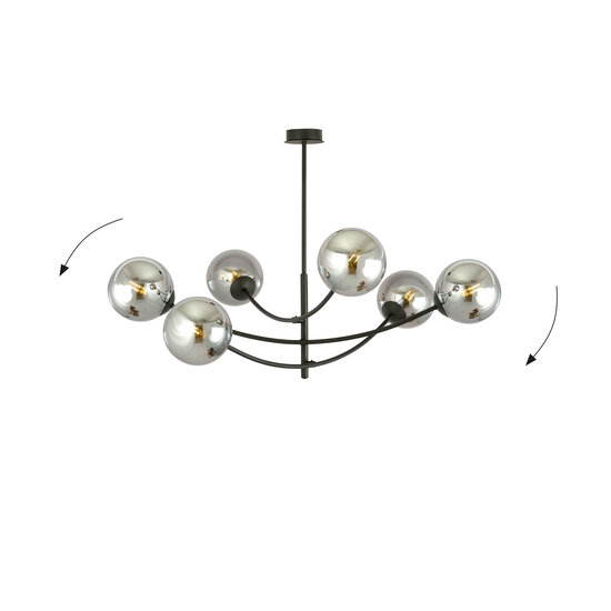 Pendant lamp with 6 curved arms black and fumed bulbs E14
