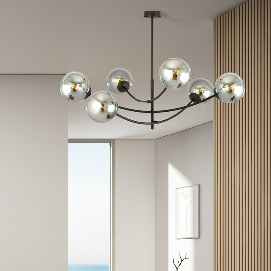 Pendant lamp with 6 curved arms black and fumed bulbs E14