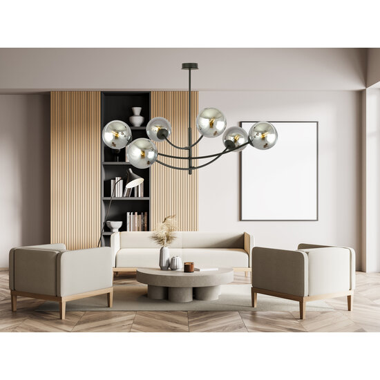 Pendant lamp with 6 curved arms black and fumed bulbs E14