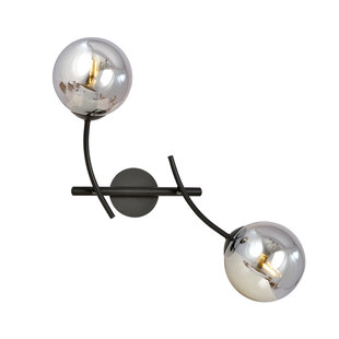 Wandlamp met 2 zwarte boog armen en glazen gerookte bollen E14