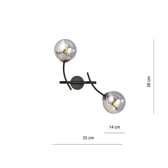 Wandlamp met 2 zwarte boog armen en glazen gerookte bollen E14