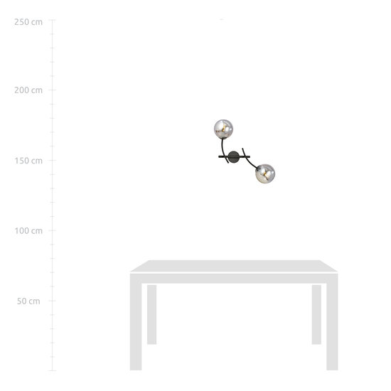 Aplique de pared con 2 brazos de arco negro y bolas de cristal ahumado E14