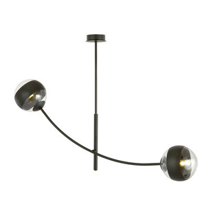 Hangende lamp zwart met 2 gebogen armen en gestreepte bollen E14