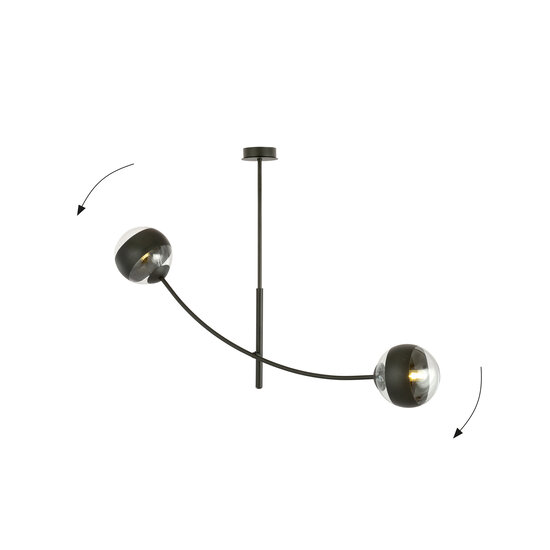 Lampe suspendue noire avec 2 bras courbés et ampoules rayées E14