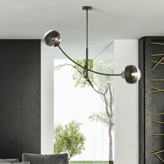 Hanging lamp black with 2 curved arms and striped bulbs E14