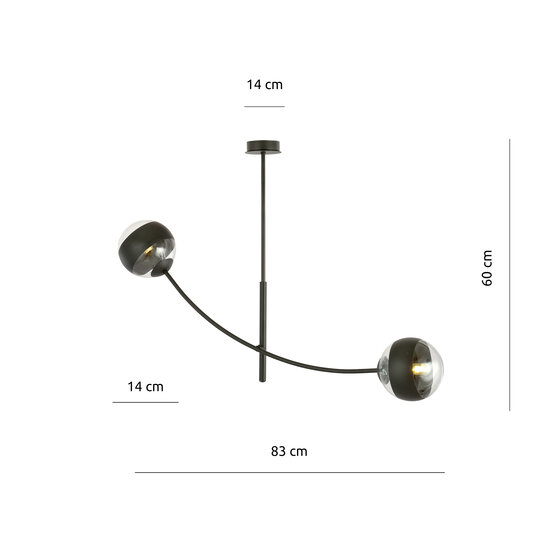 Hängelampe schwarz mit 2 gebogenen Armen und gestreiften Glühbirnen E14