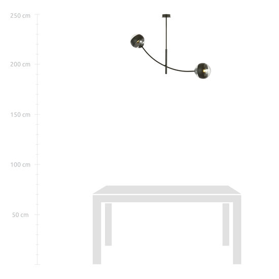 Hanging lamp black with 2 curved arms and striped bulbs E14