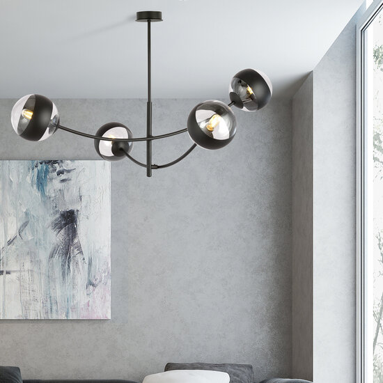 Lampe suspendue noire à 4 bras courbés et ampoules rayées E14