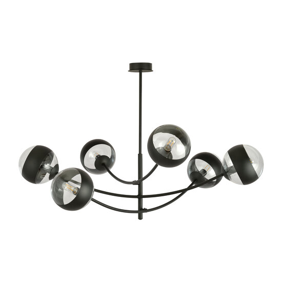 Iluminación pendular con 6 brazos curvos bombillas negras y rayadas E14