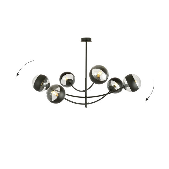 Pendulum lighting with 6 curved arms black and striped bulbs E14